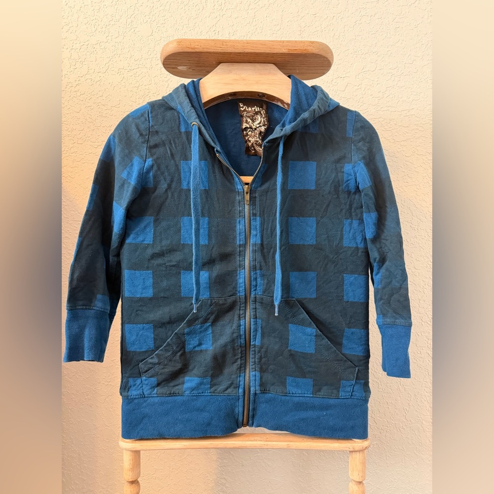 Y2K Blue Black Checkered Zip Hoodie Skater Emo Scene Grunge Small Starling
-C